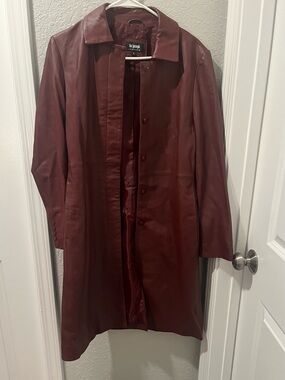 NEVER WORN LEATHER COAT- Burgundy Leather Long Coat - this is not a jacket.